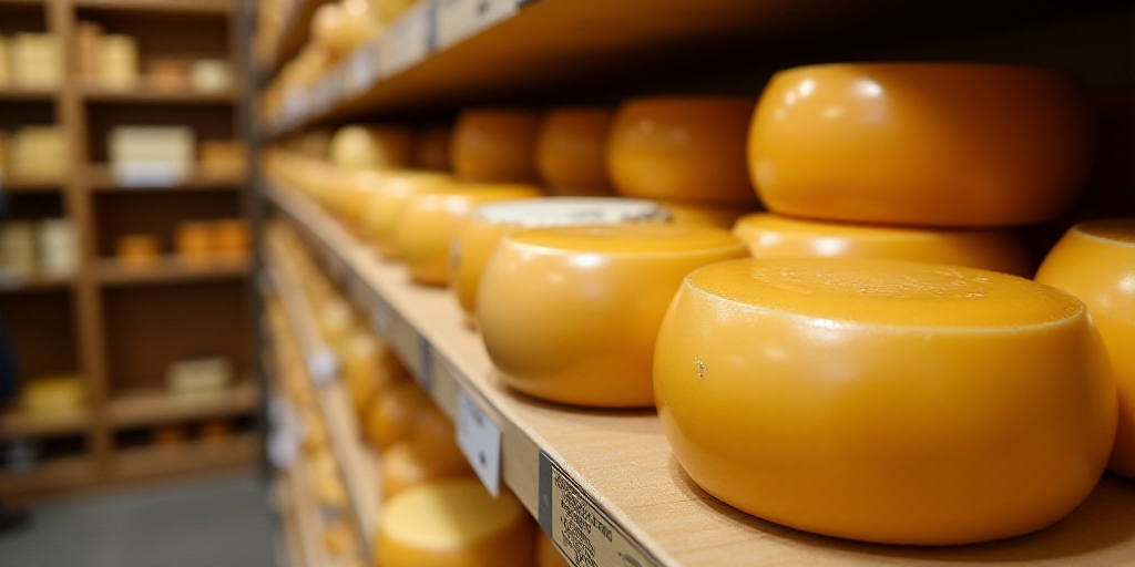 a shelf with cheese on it in a store or restaurant or restaurant room with shelves of cheese on the