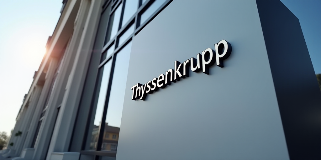 a sign for a company that sells thyssenkrupp products in germany, with a building in the background,