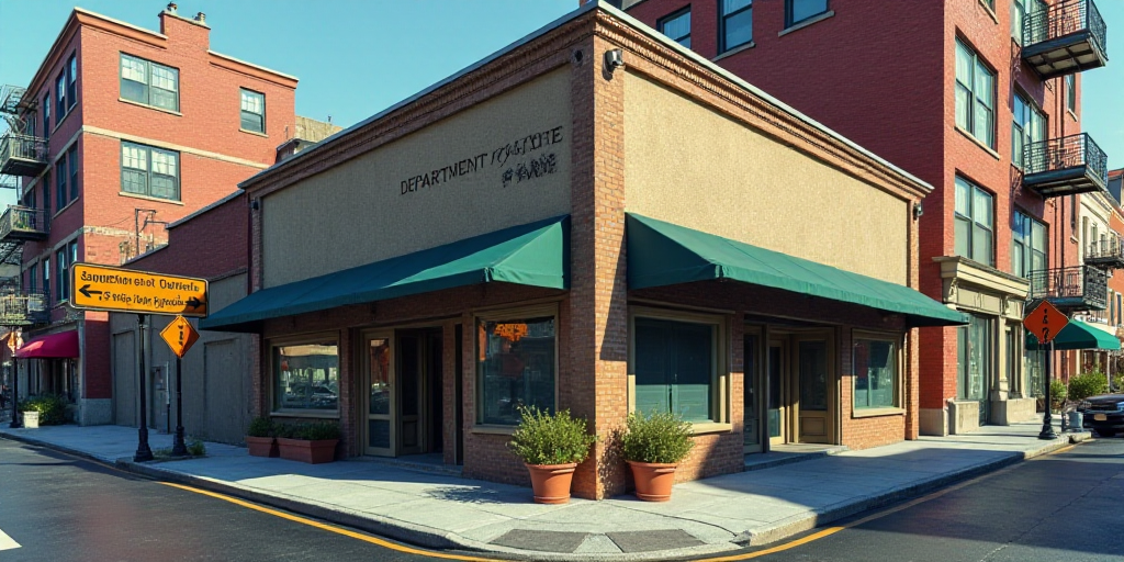 a sign in front of a building that says department of state ziu c street inn on it's side, Claire Fa