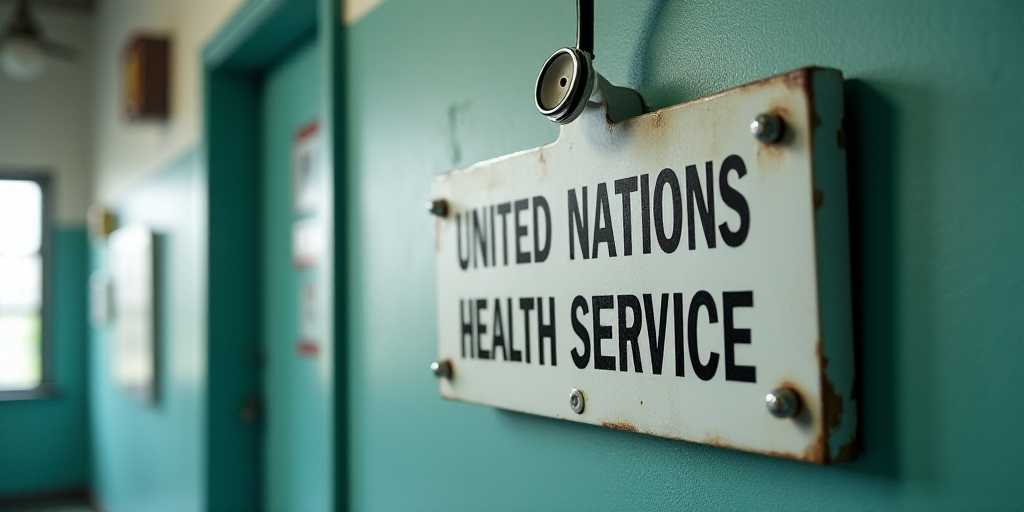 a sign on a wall with a stethoscope on it that says the united nations health service, Évariste Vit