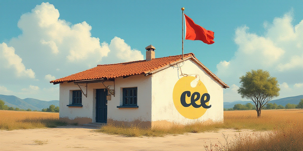 a sign on the side of a building that says cee and a flag flying in the background of the building,
