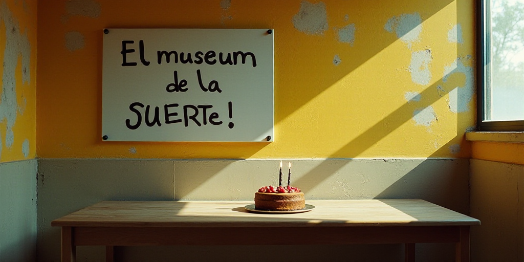 a sign that is on a wall near a table with a cake on it and a sign that says el museum de la suerte,
