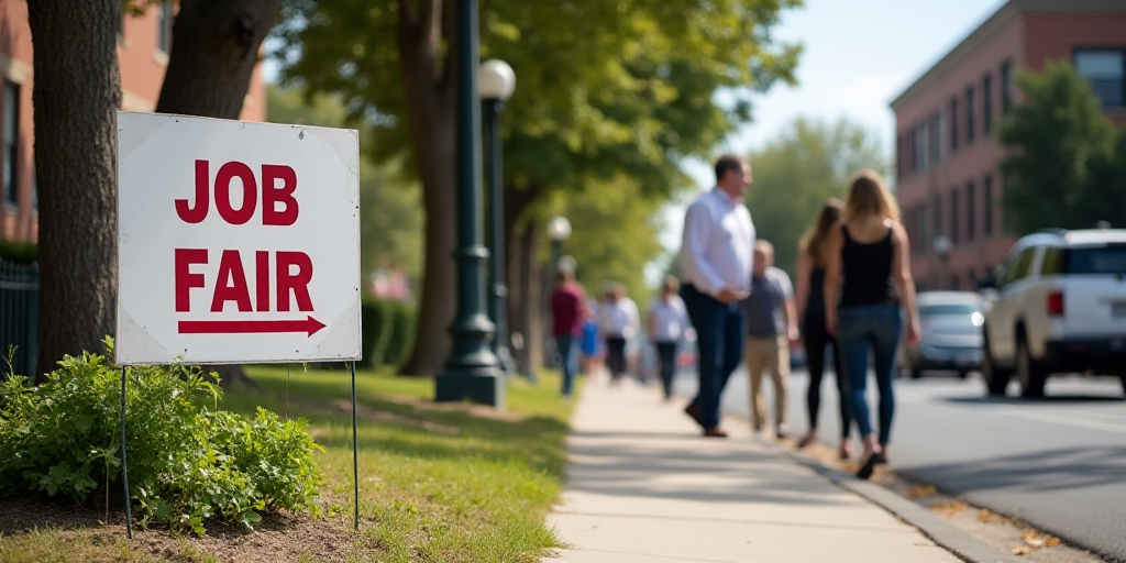 a sign that is on the side of a street that says job fair on it and people walking around, Carles De