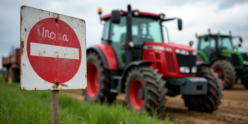 a sign that says no au meroisir on it in front of a tractor and other tractors in the background, Cl