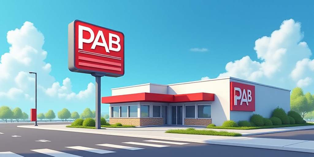 a sign that says pab and a building with a red and white logo on it and a blue sky background, Avgus