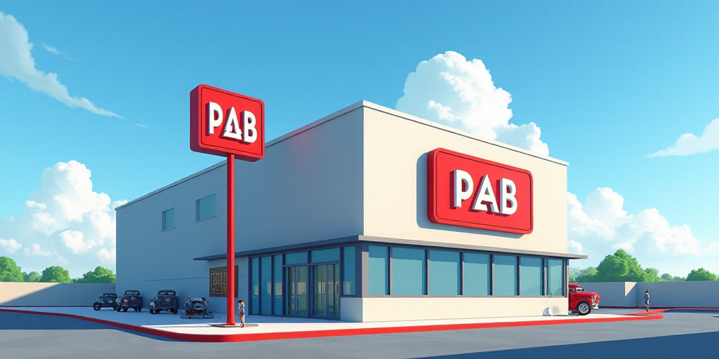 a sign that says pab and a building with a red and white logo on it and a blue sky background, Avgus