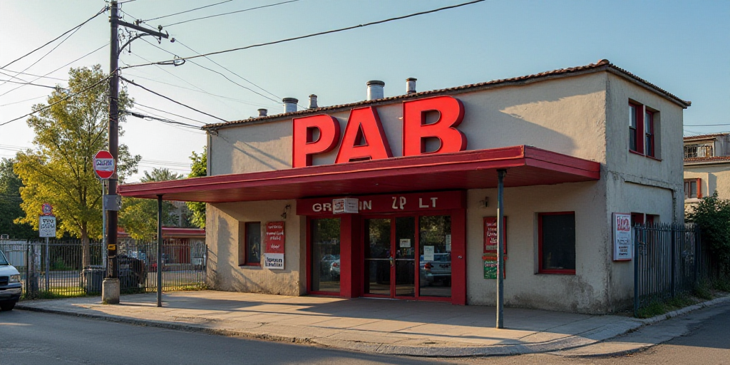 a sign that says pab and a picture of a building with a red and white sign that says pab, Avgust Če