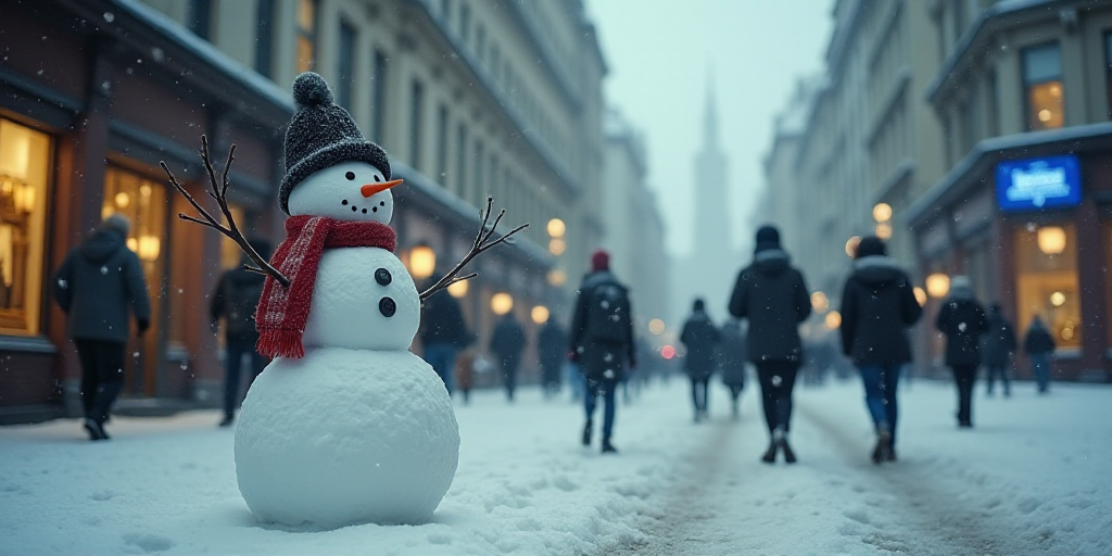 a snowman with a hat and scarf on is standing in a building with people walking by and a television