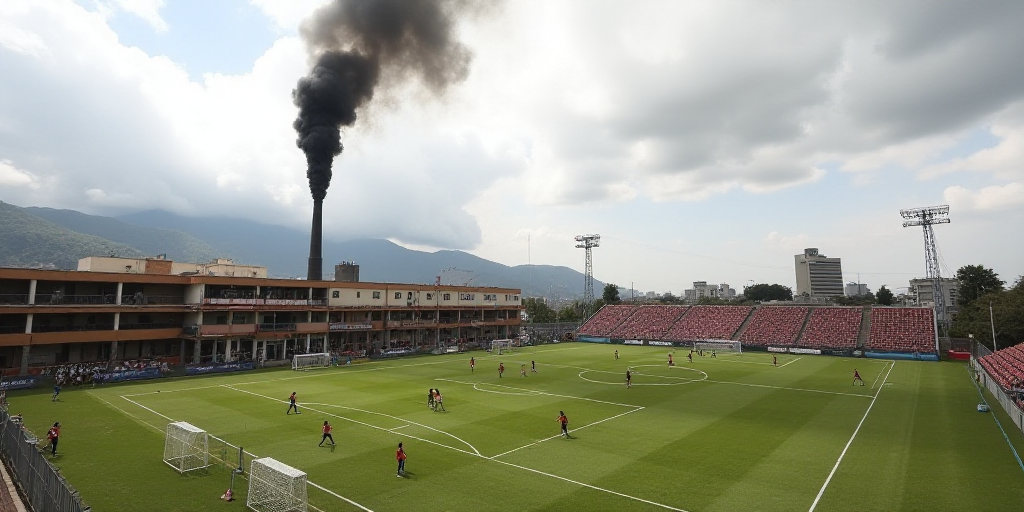 a soccer field with smoke coming out of it and people playing soccer in the field below it and a bui