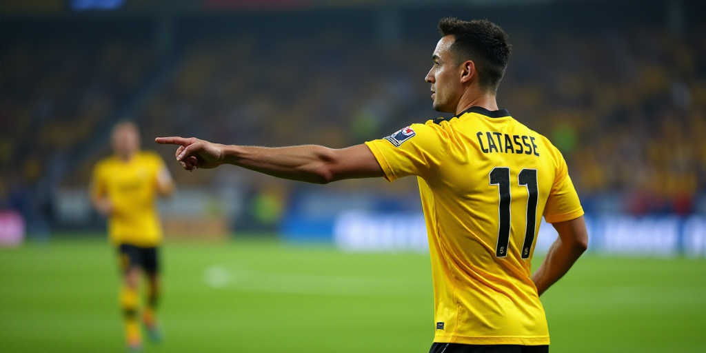 a soccer player is pointing at the ball during a game in a stadium with a yellow and black uniform,