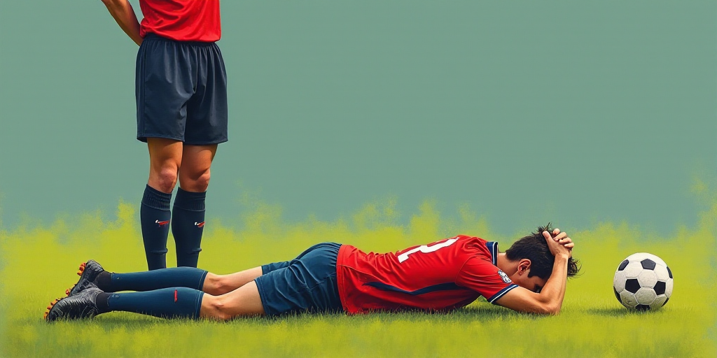 a soccer player laying on the ground with his head in his hands and a referee standing behind him wi
