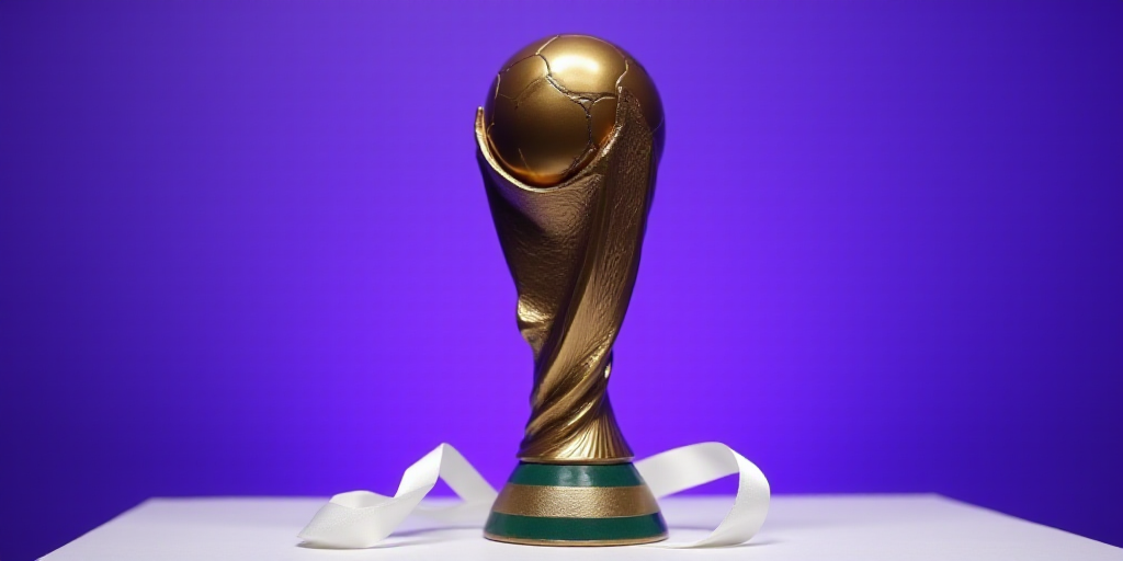 a soccer trophy is displayed in front of a purple background with a blue backdrop and a white ribbon