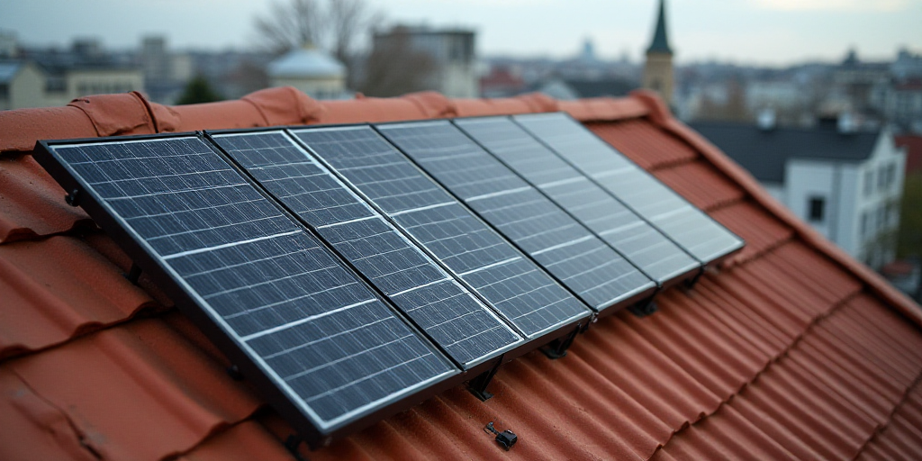 a solar panel on top of a roof in a city setting with buildings in the background and a red roof, É
