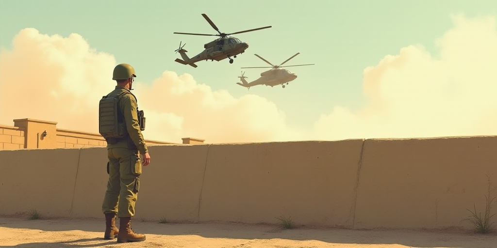 a soldier watches as two helicopters fly overhead in the sky above a wall and a wall barrier with a