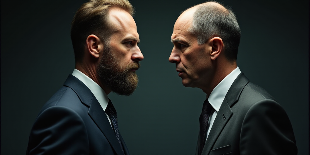 a split photo of a man and a man in a suit and tie looking at each other with a serious look on thei