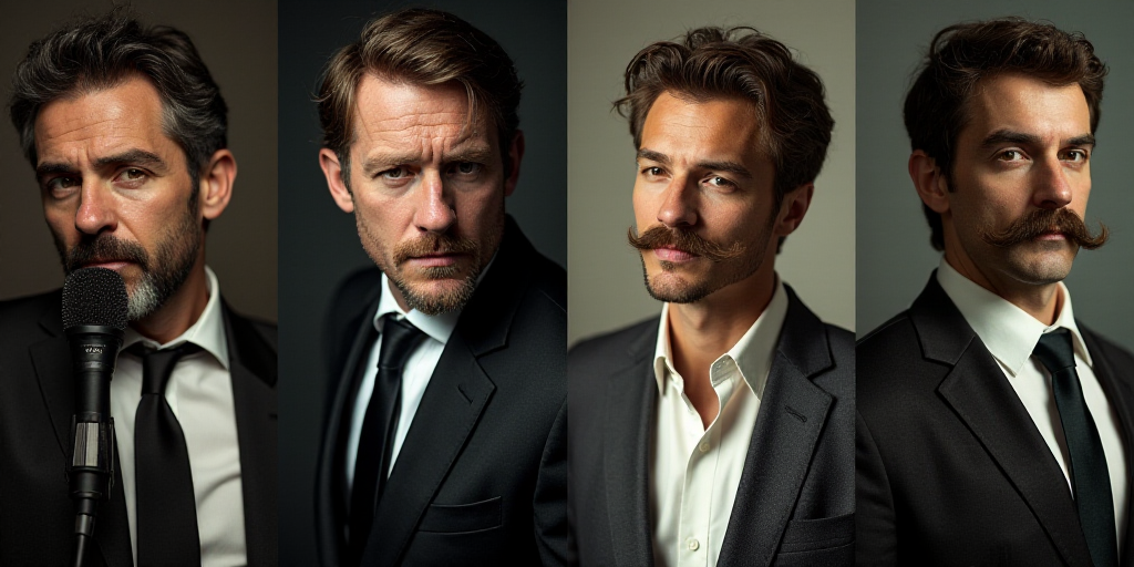 a split photo of a man with a microphone and a man with a suit on and a man with a mustache, Andries