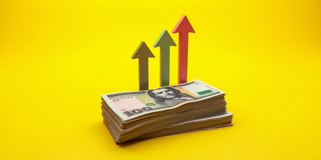 a stack of mexican currency with arrows pointing up to the top of them, with a yellow background and