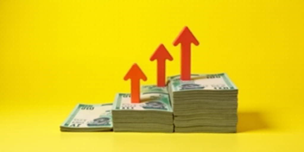 a stack of mexican currency with arrows pointing up to the top of them, with a yellow background and