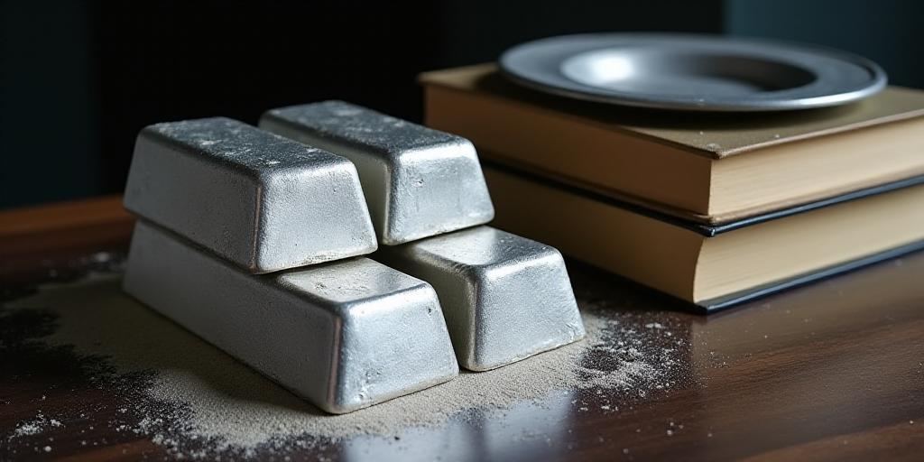 a stack of silver bars next to a stack of books on a table top with a silver plate on top, Enguerran