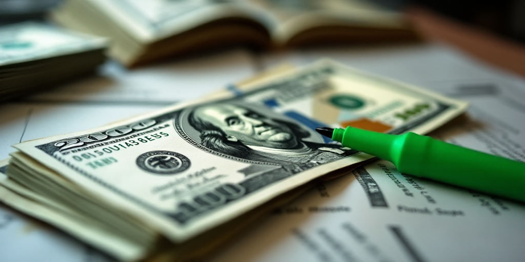 a stack of twenty dollar bills sitting on top of each other on a table with a green marker on it, Be