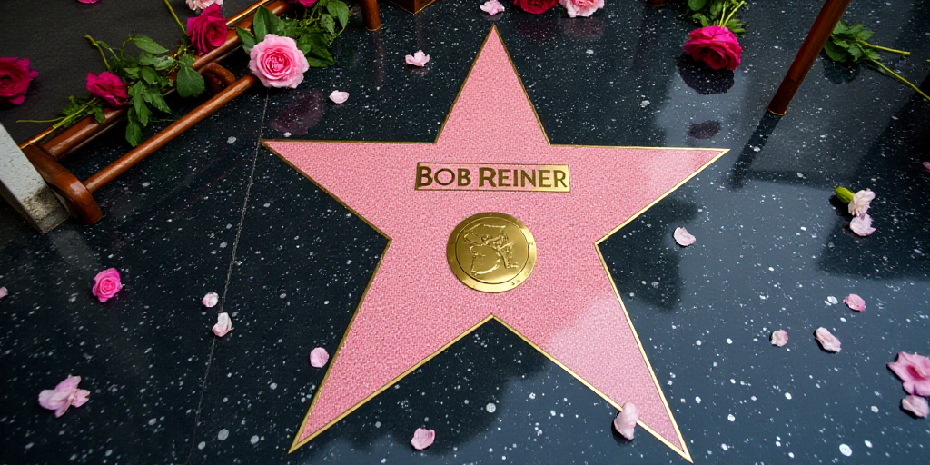 a star on the ground with flowers and flowers around it and a plaque that says rob reiner on it, Bob
