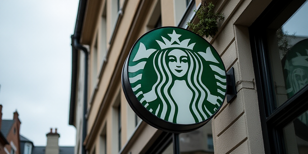a starbucks sign with a woman's face on it's side of a building with a clock, Albert Paris Güterslo