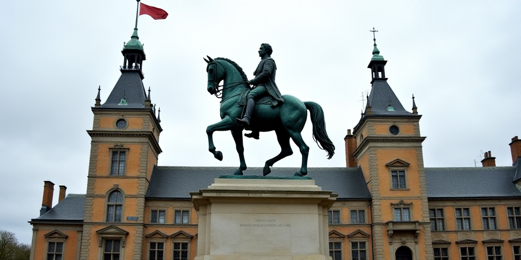 a statue of a man on a horse in front of a building with a flag on top of it, Christopher Wren, symm