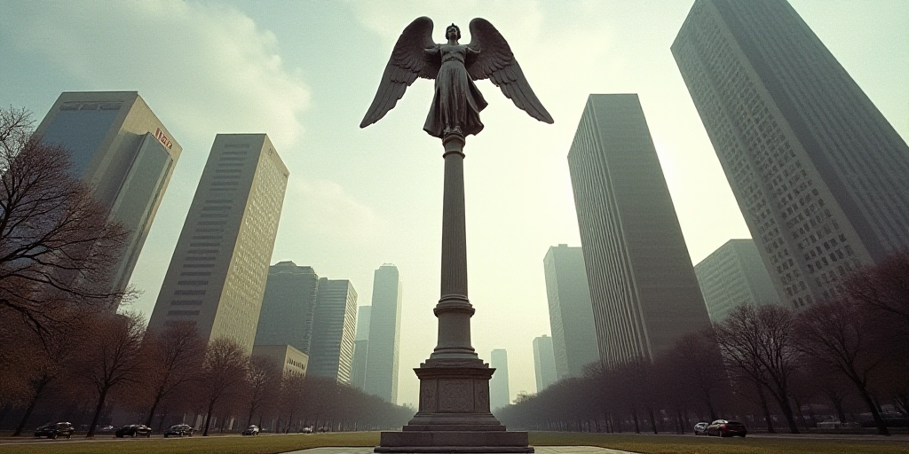 a statue of an angel on top of a tall pole in a city park with tall buildings in the background, Dav