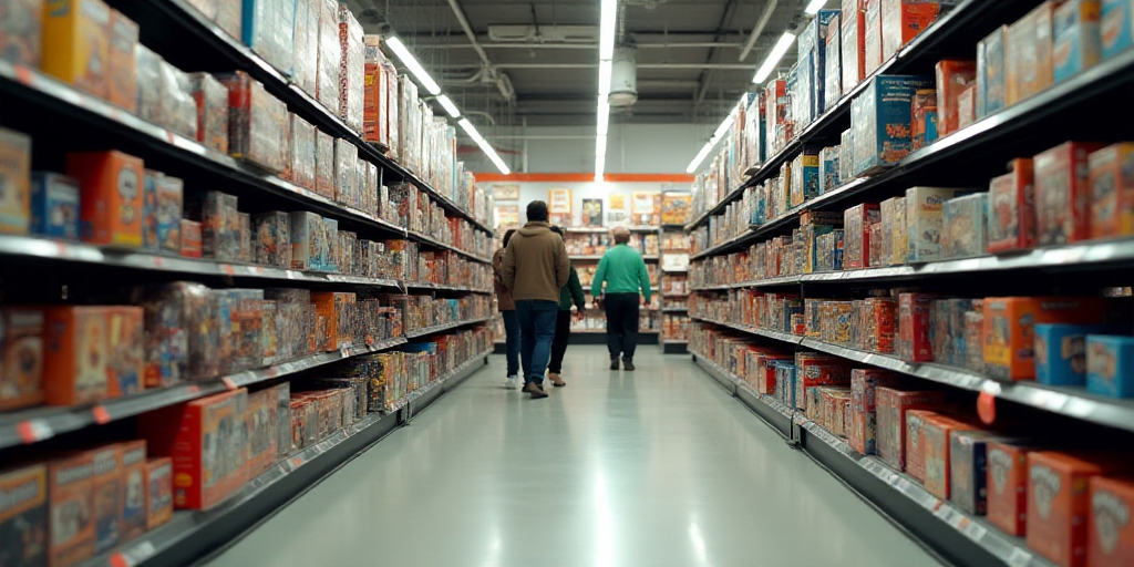 a store aisle with a lot of toys on display and people walking by the aisle in the aisle of the stor