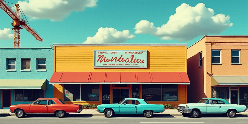 a storefront with cars parked in front of it and a crane in the background behind it and a building