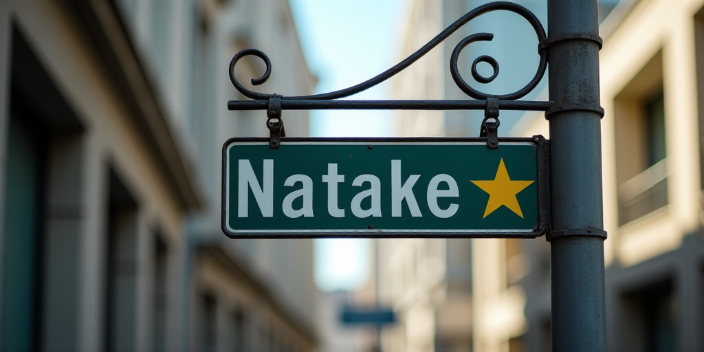 a street sign hanging from a metal pole with a star on it's side and a building in the background, A