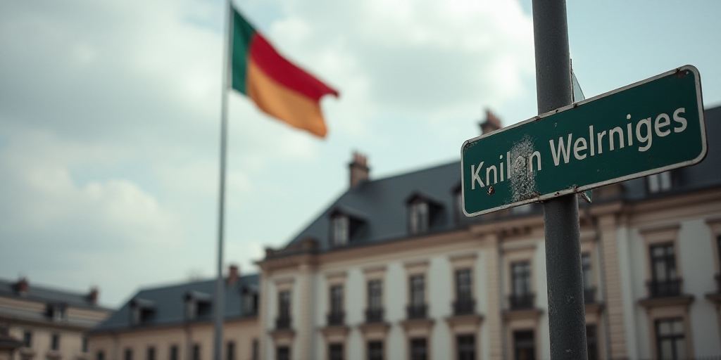 a street sign on a pole with a flag in the background of a building and a flag in the background, An