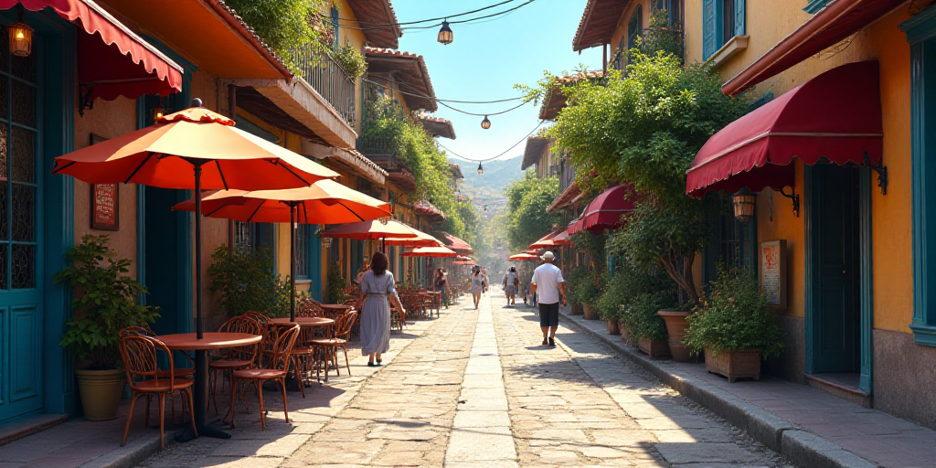 a street with tables and chairs and umbrellas on the side of it and people walking by the sidewalk,