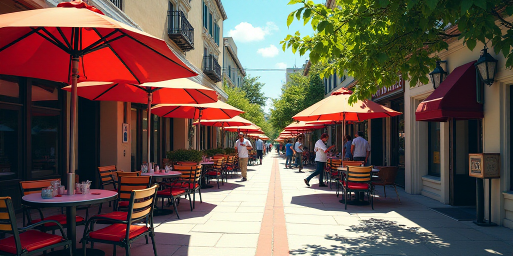 a street with tables and chairs and umbrellas on the side of it and people walking by the sidewalk,