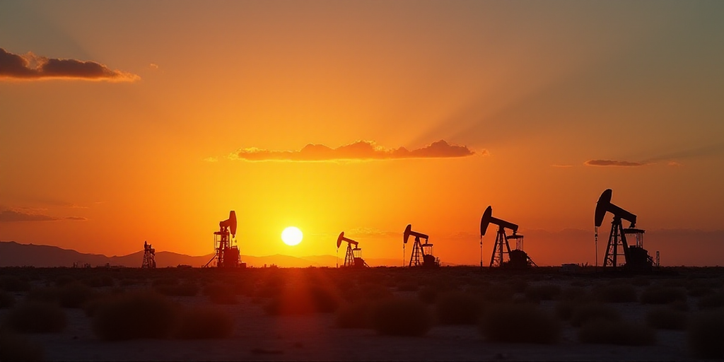 a sunset view of oil pumps in the desert with the sun setting in the background and a few clouds, An