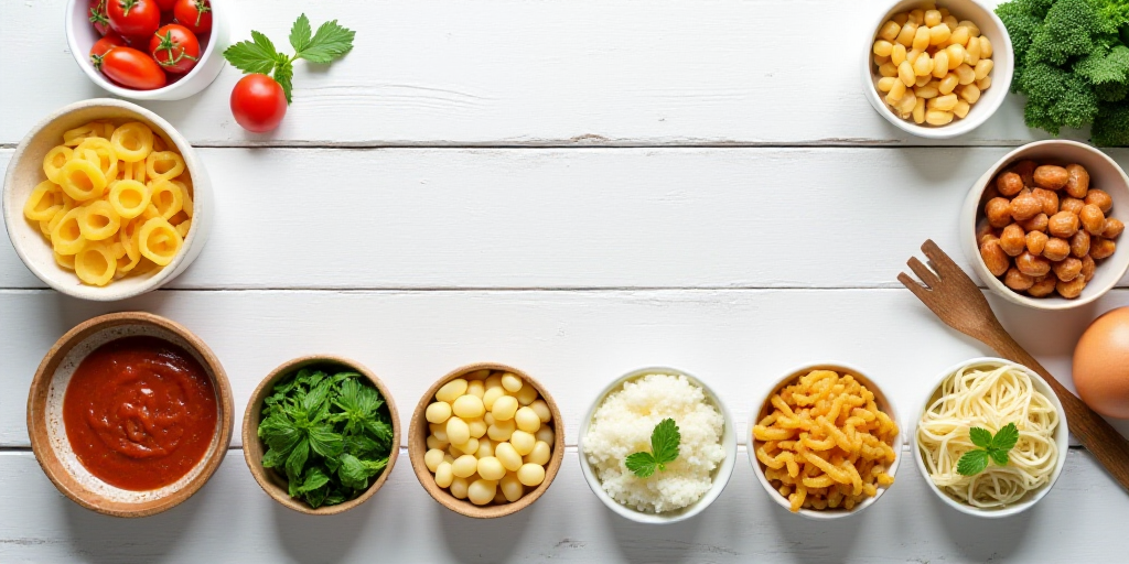a table topped with bowls of food and pasta next to bowls of noodles and other foods on a white wood