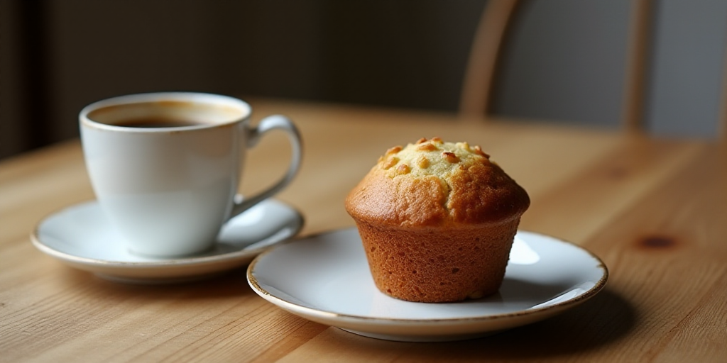 a table with a cup of coffee and a muffin on it, and a plate with a muffin on it, Claire Dalby, food