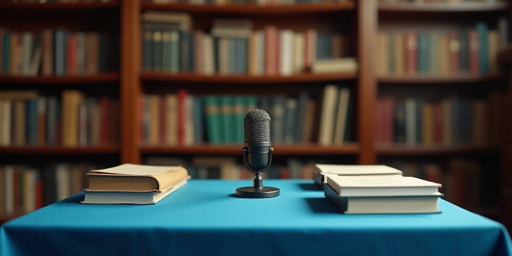 a table with many books and a microphone in the middle of it with a blue table cloth on it, Enguerra