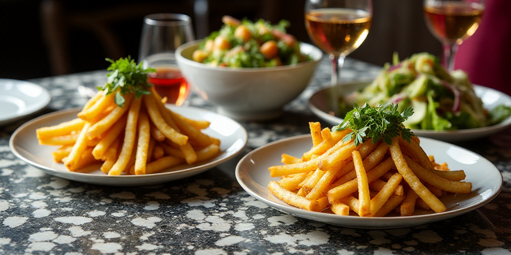 a table with plates of food and drinks on it, including fries, salads, and wine glasses, Delaunay, f