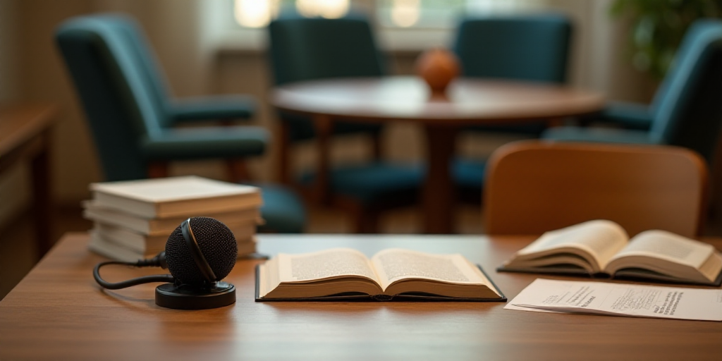 a table with several books and a microphone on it in a room with a circular table and chairs in the