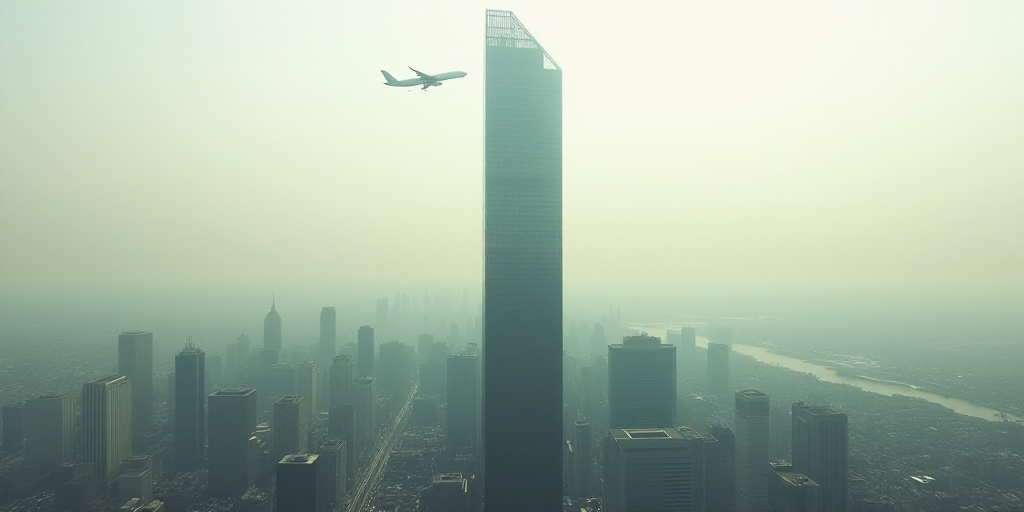 a tall building with a plane flying in the sky above it and a city in the background with a hazy sky