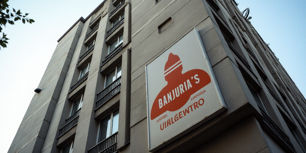 a tall building with a sign on the front of it that says banjuria's on the side, Bernat Sanjuan, blu