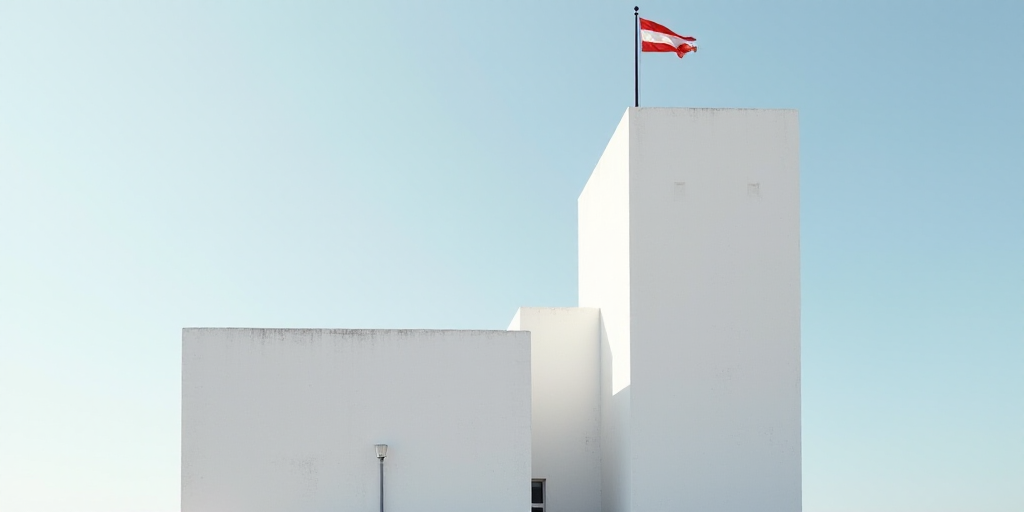 a tall white building with a flag on top of it's side and a flagpole in front of it, Enguerrand Quar