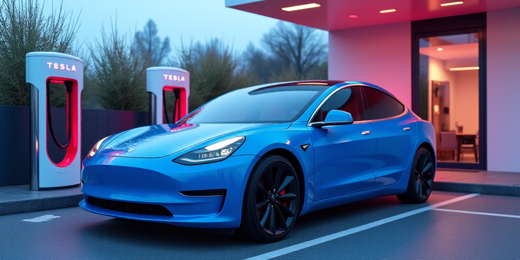 a tesla charging station with a blue tesla car in the background and a blue tesla car in the foregro