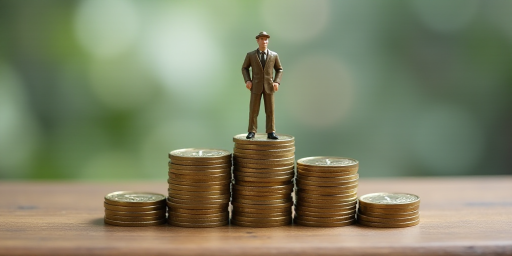 a toy man standing on top of stacks of coins with a cross on them and a stack of coins behind him, A