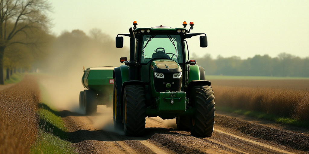 a tractor is driving down a dirt road with a green machine behind it and a green pipe in the backgro