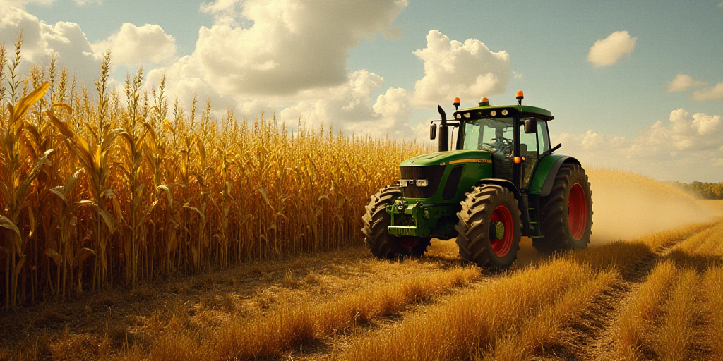 a tractor is driving through a field of corn and corn stalks in the foreground, with a yellow cone i