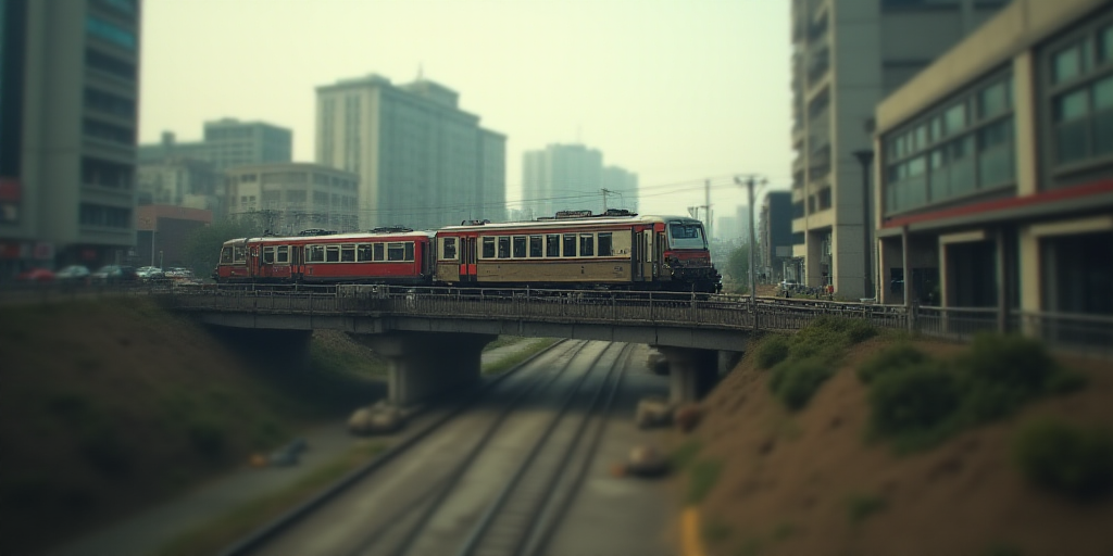 a train is passing under a bridge on the tracks in a city area with a building and a train, Almada N