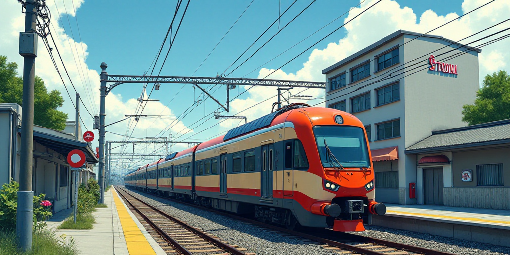 a train is traveling down the tracks near a building and a sign that says alstom on it's side, amano