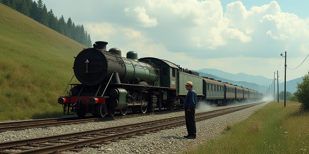 a train that is sitting on the tracks next to a hill and a man standing next to it and another train